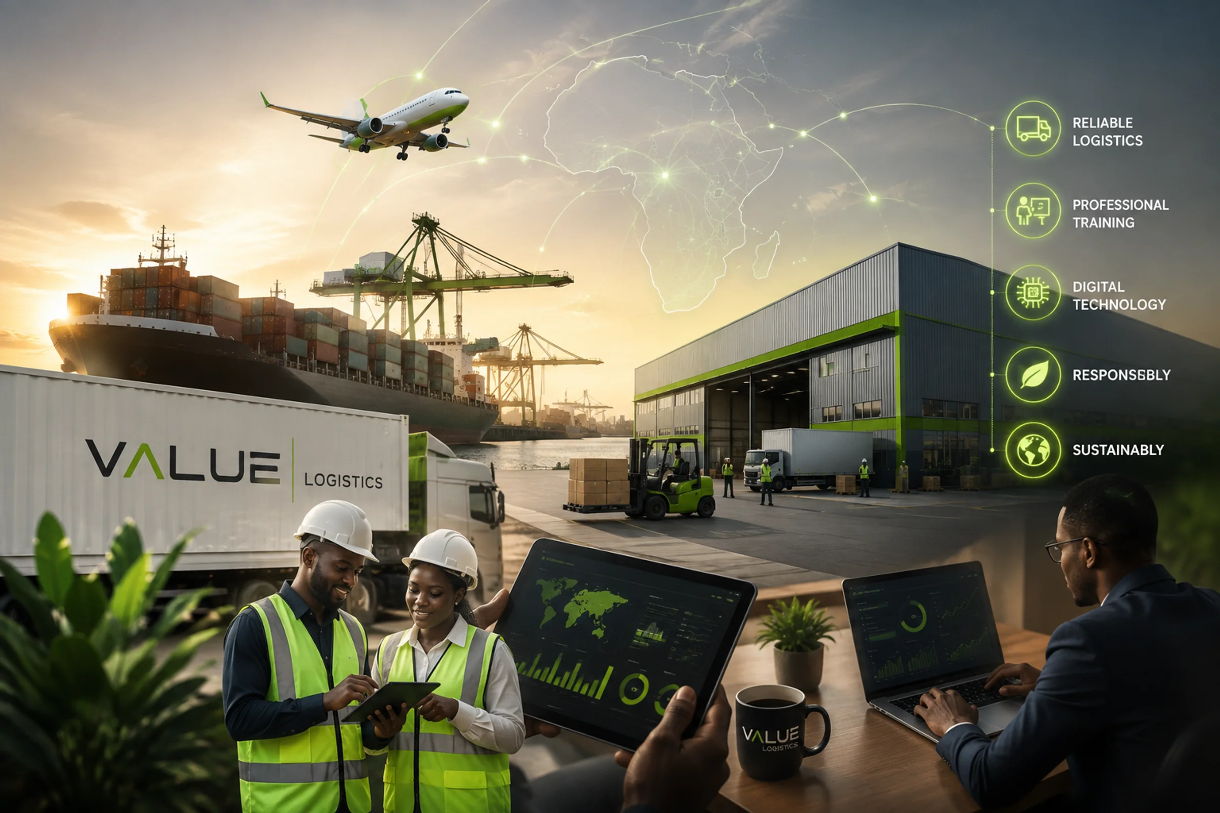 Value Logistics port, warehouse, and team at work, with a digital network map of Africa overhead