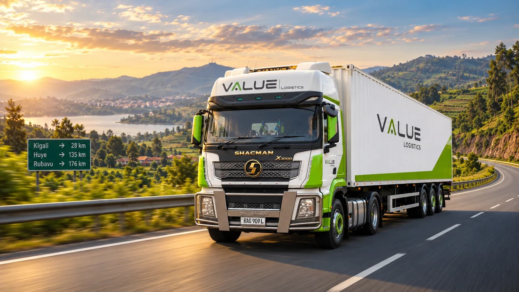 Value Logistics truck on the highway with a port and city skyline at sunset